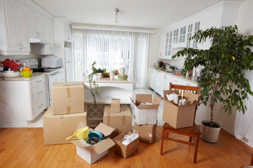 Professional movers carrying household items from a flat in Ealing